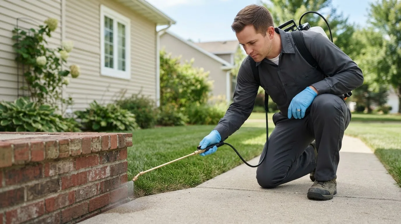 Pest control technician treating a home near Christoval, TX