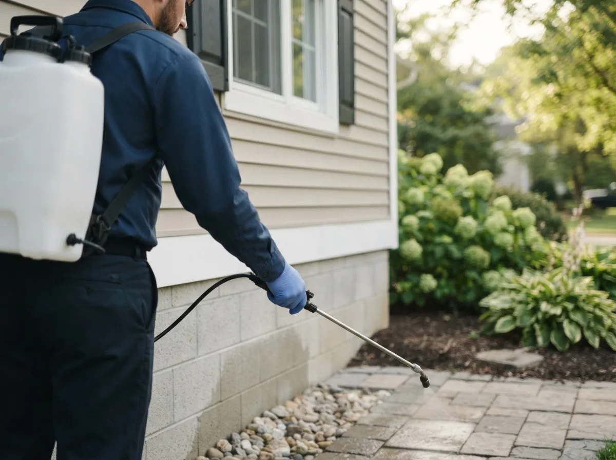 Pest control technician inspecting a home in Christoval, TX